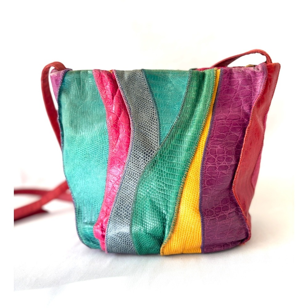 Vintage SHARIF Rainbow Bright Colored Pink Green Patchwork Leather Crossbody Bag